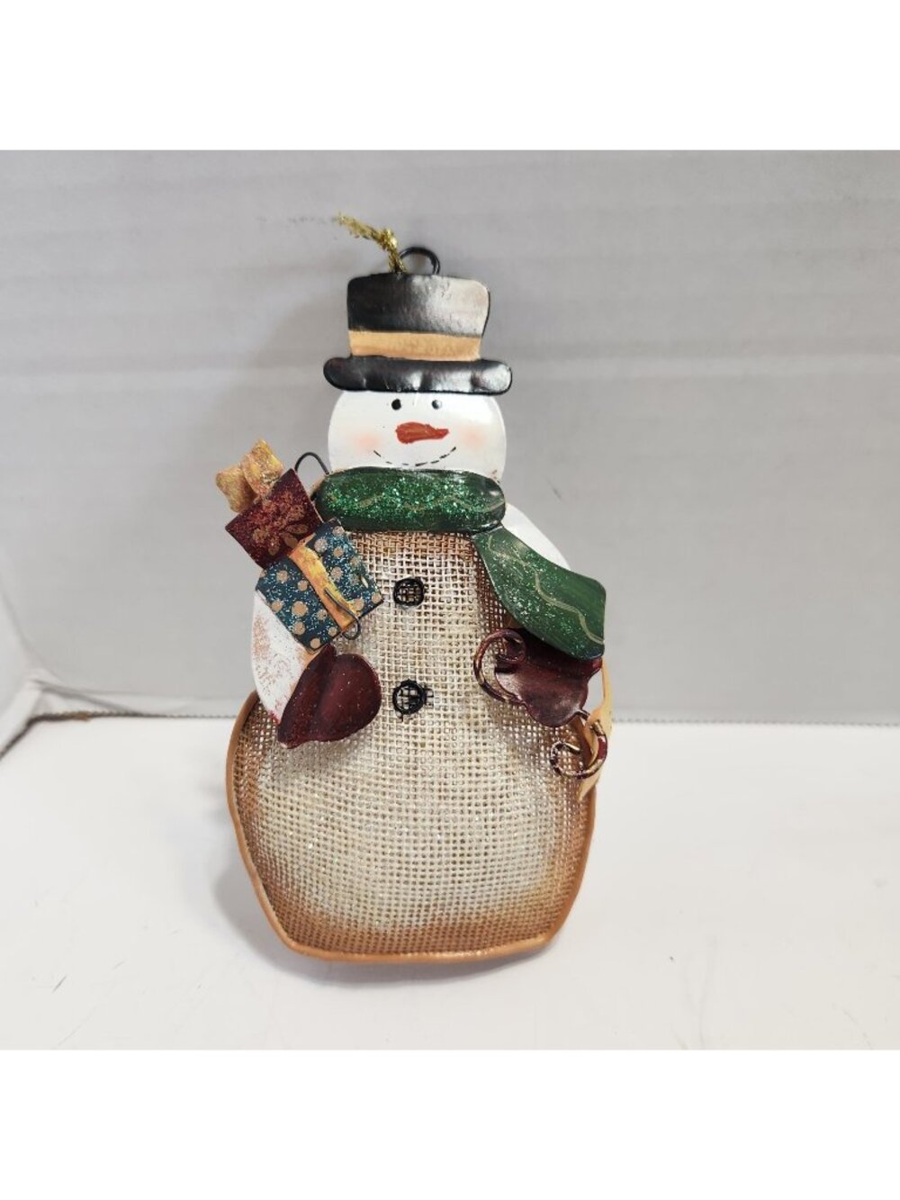 Rustic Mesh Style Snowman Ornament Holding Gifts Top Hat Green Scarf Christmas